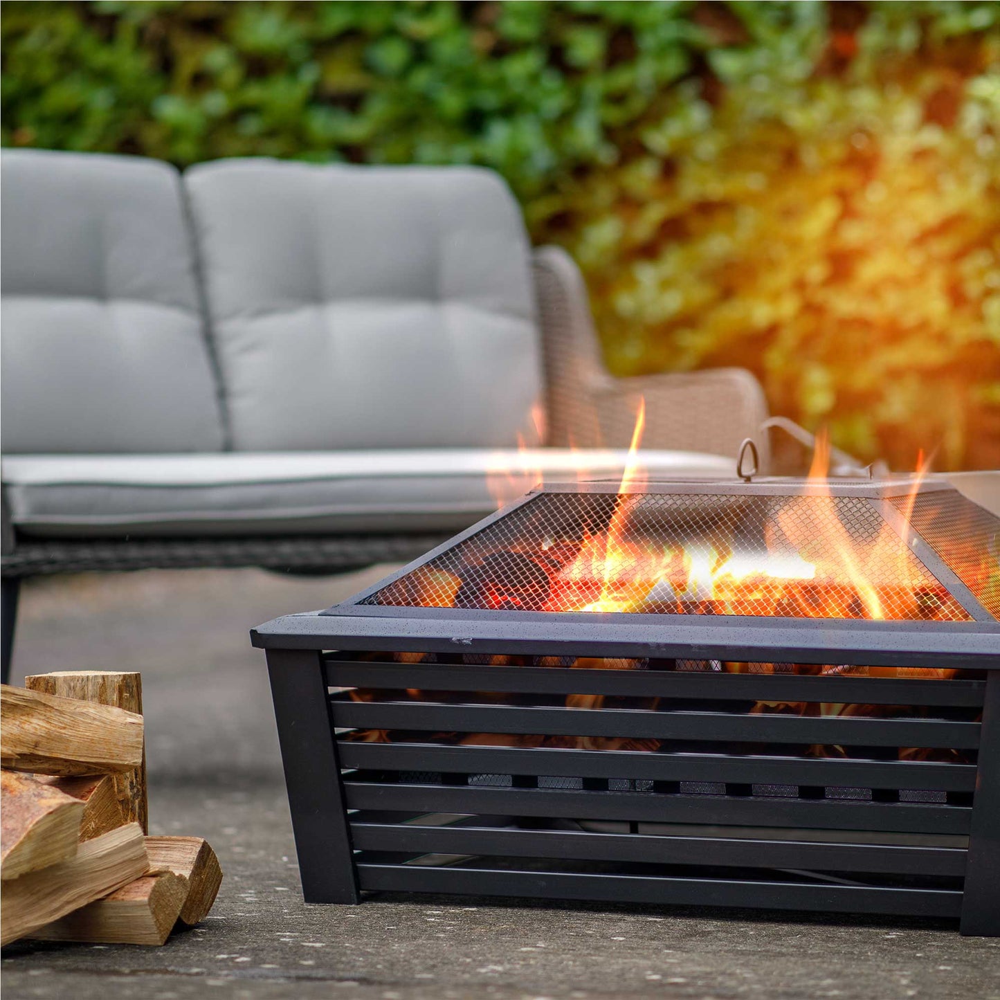 35" Square Outdoor Fire Pit, Mesh Screen Lid, Black with Water Resistant Drawstring Cover - DG238