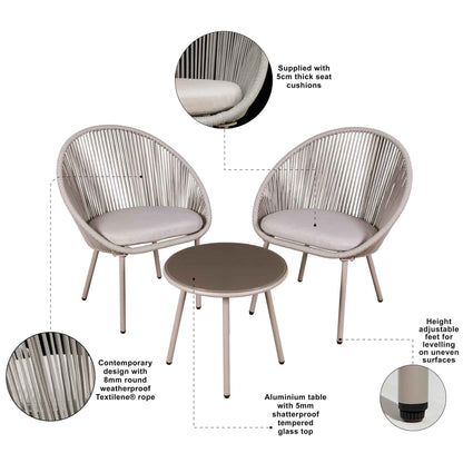 Como 3 Piece Steel Bistro Set with Tempered Glass Top, Grey - DG55