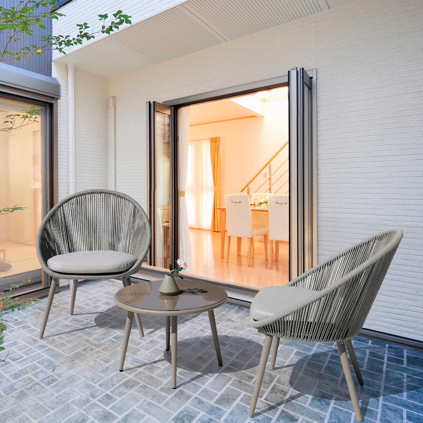 Como 3 Piece Steel Bistro Set with Tempered Glass Top, Grey - DG55