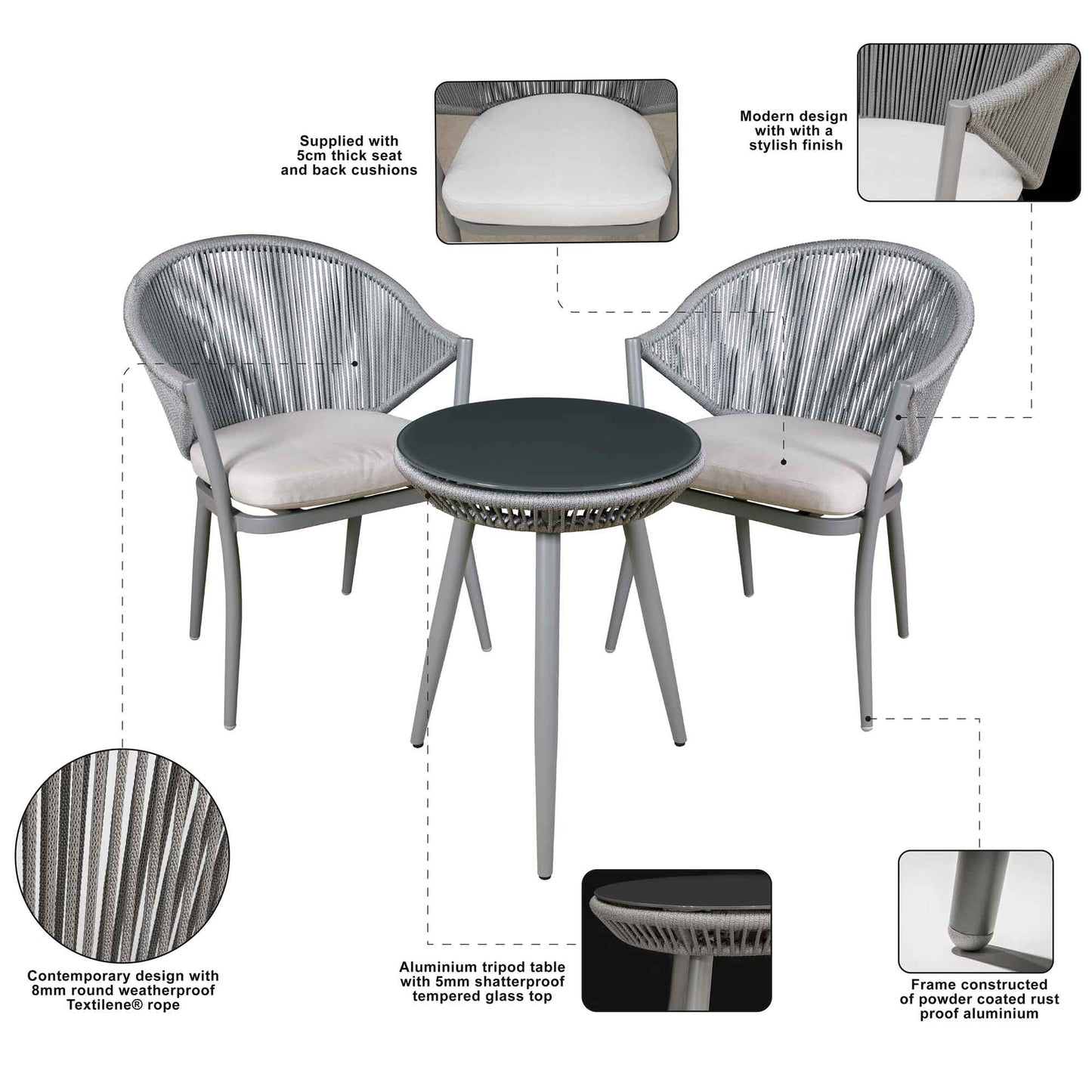 Echo 3 Piece Aluminium Balcony Set with Tempered Glass Top, Grey - DG58