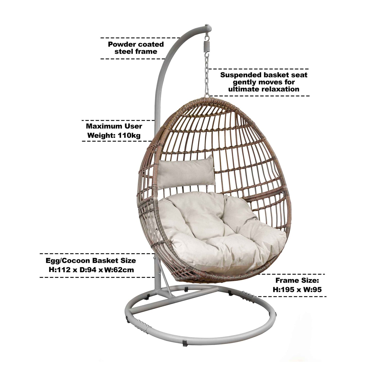 Egg Hanging Single Swing Chair, Wicker Rattan Basket & Steel Frame - DG60