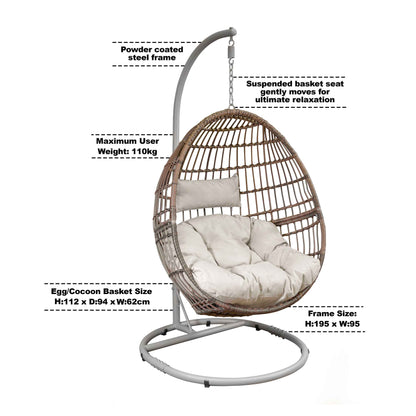 Egg Hanging Single Swing Chair, Wicker Rattan Basket & Steel Frame - DG60
