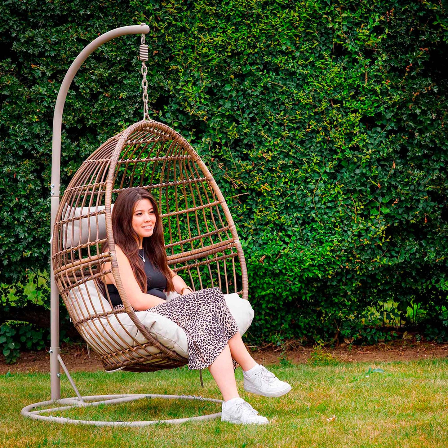 Egg Hanging Single Swing Chair, Wicker Rattan Basket & Steel Frame - DG60