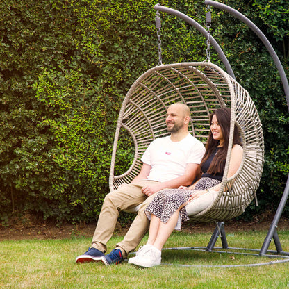 Egg Hanging Double Swing Chair, Wicker Rattan Basket & Steel Frame - DG61