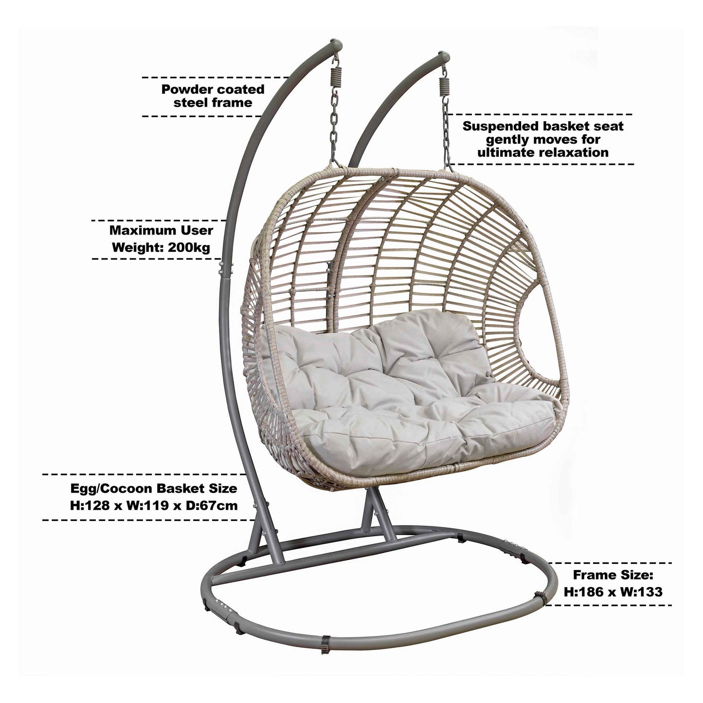 Egg Hanging Double Swing Chair, Wicker Rattan Basket & Steel Frame - DG61