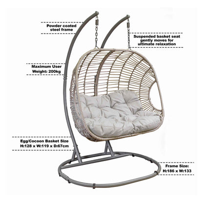 Egg Hanging Double Swing Chair, Wicker Rattan Basket & Steel Frame - DG61