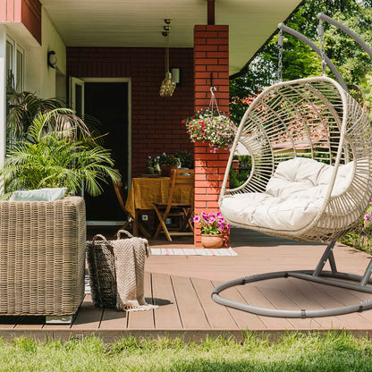 Egg Hanging Double Swing Chair, Wicker Rattan Basket & Steel Frame - DG61