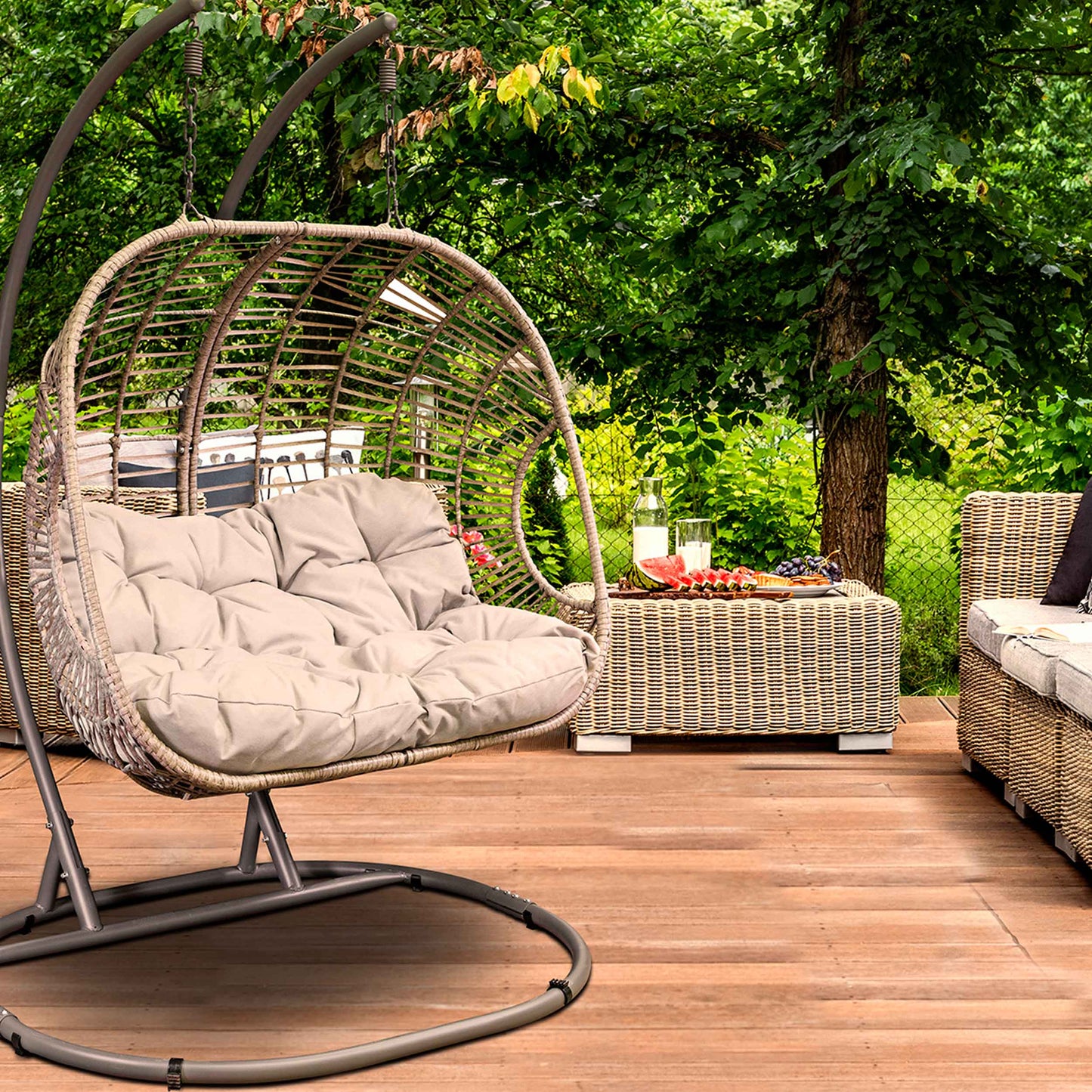 Egg Hanging Double Swing Chair, Wicker Rattan Basket & Steel Frame - DG61