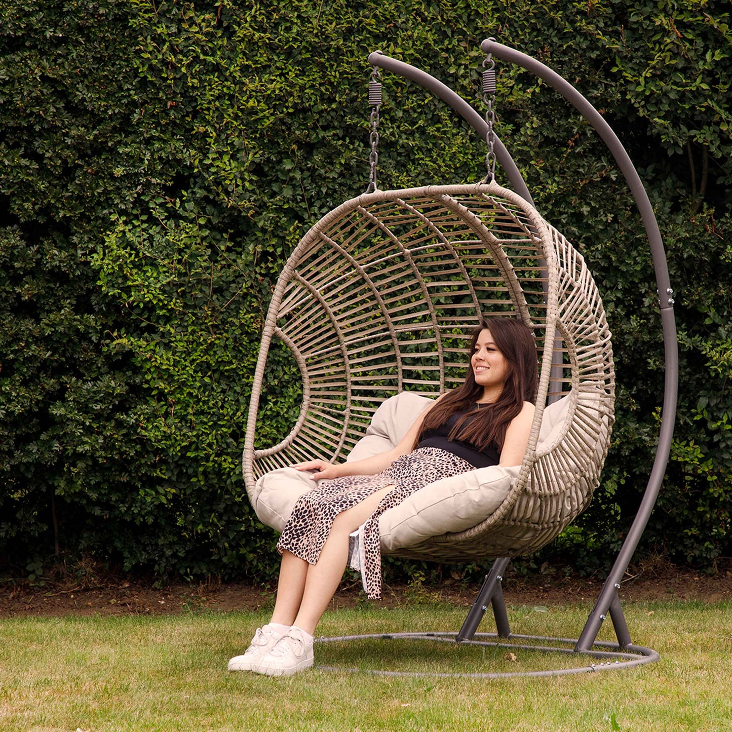 Egg Hanging Double Swing Chair, Wicker Rattan Basket & Steel Frame - DG61