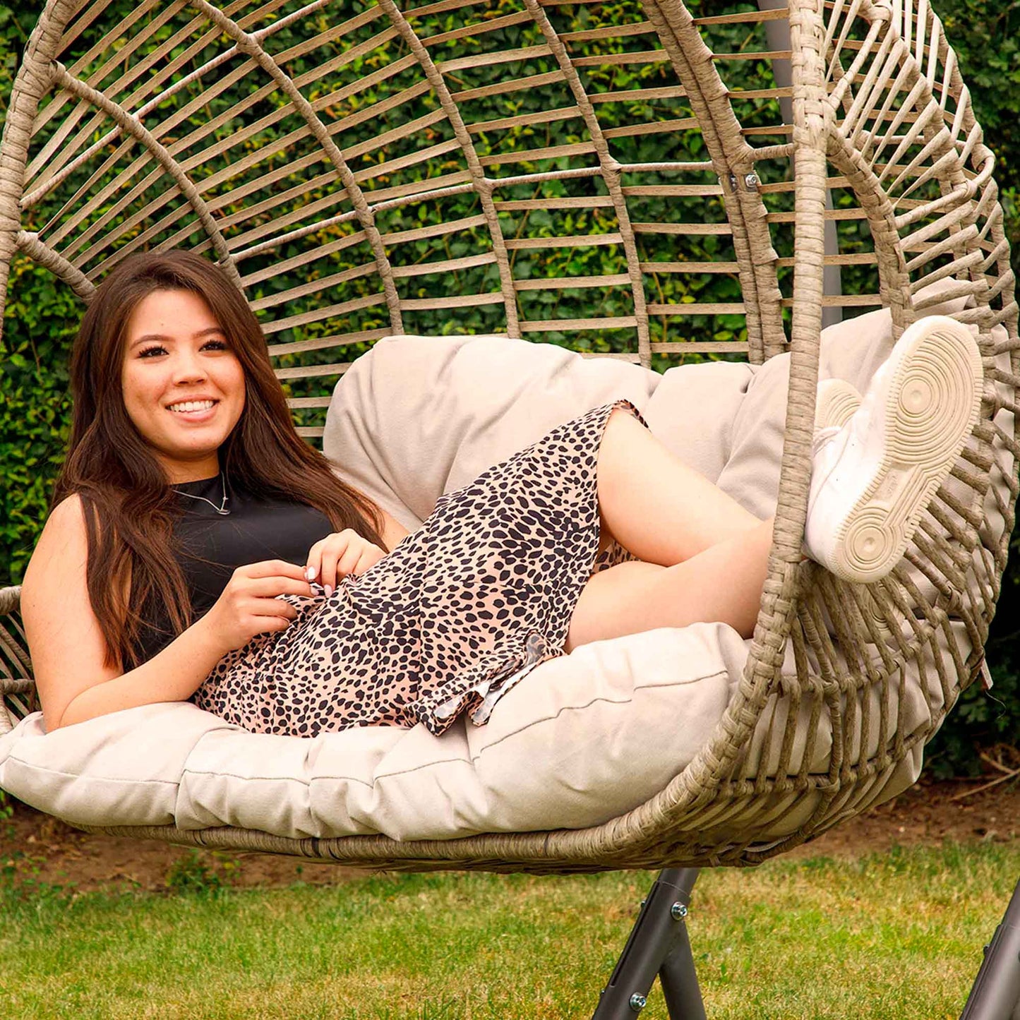 Egg Hanging Double Swing Chair, Wicker Rattan Basket & Steel Frame - DG61