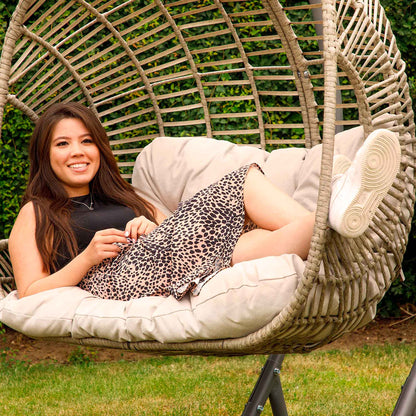 Egg Hanging Double Swing Chair, Wicker Rattan Basket & Steel Frame - DG61