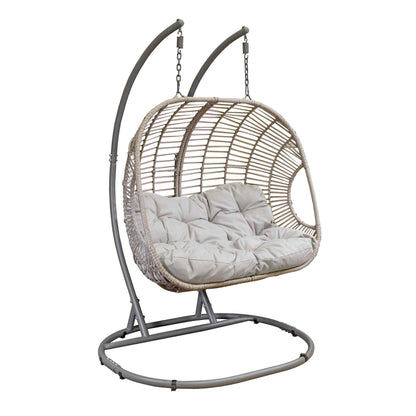 Egg Hanging Double Swing Chair, Wicker Rattan Basket & Steel Frame - DG61