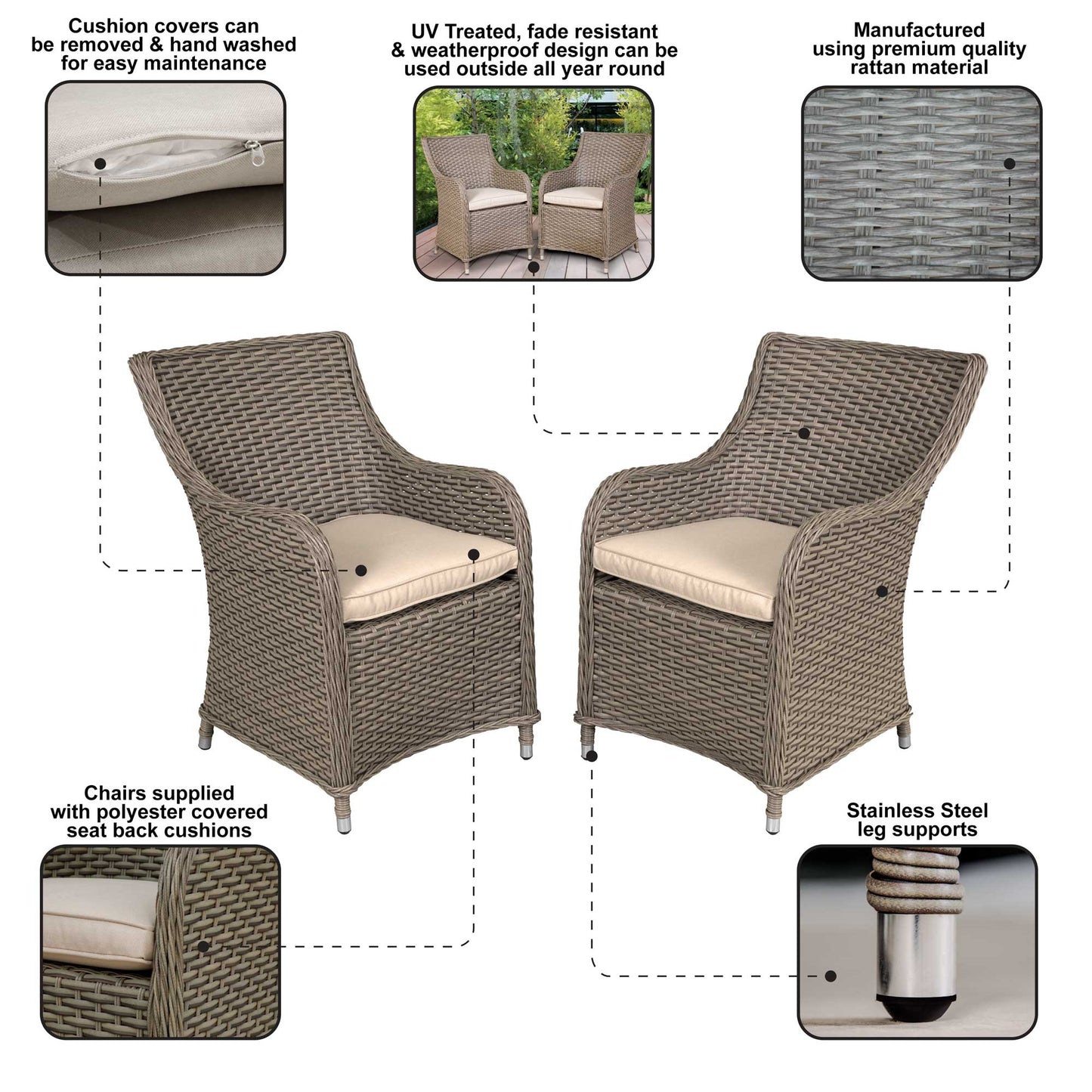 Chester Rattan Wicker Garden Dining Chairs with Cushions, Brown - DG64