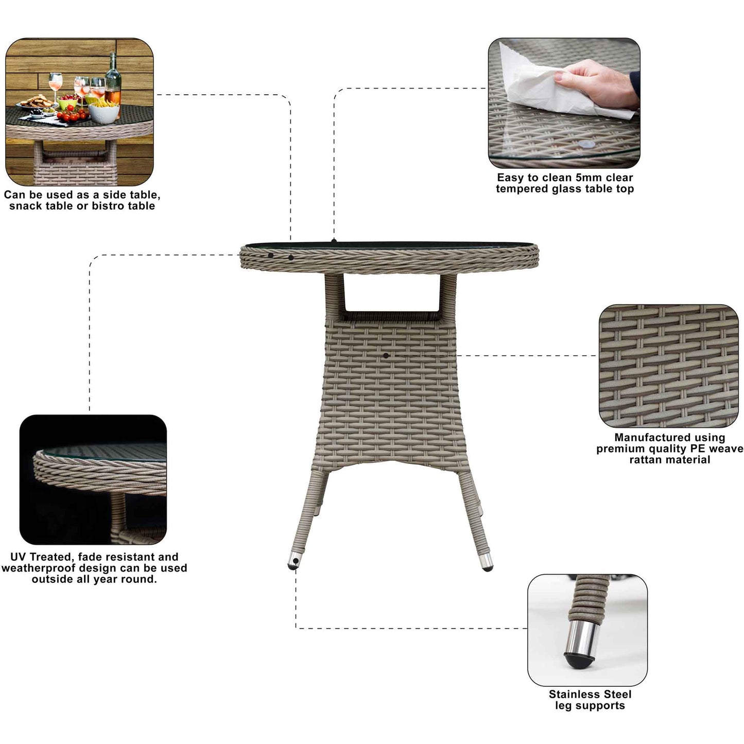 Chester Rattan Wicker Outdoor Bistro Table with Tempered Glass Top, Brown - DG65