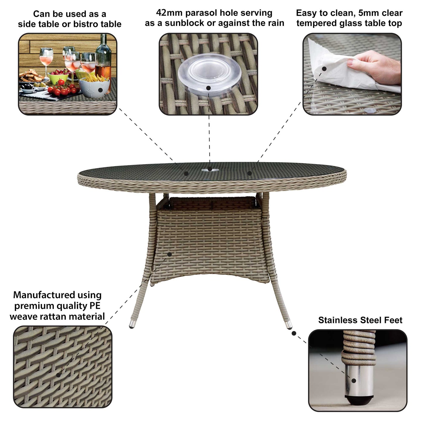 Chester Rattan Wicker Outdoor Dining Table with Tempered Glass Top - DG67