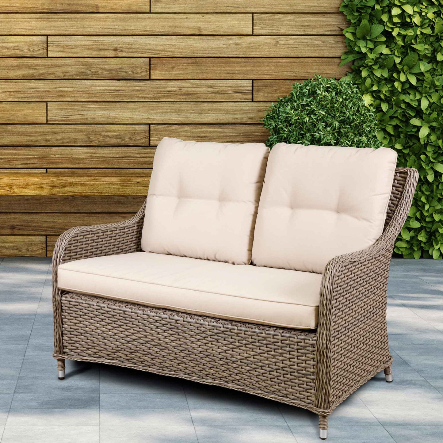 Chester Rattan Wicker Outdoor 2-Seater Sofa with Cushion, Brown - DG70