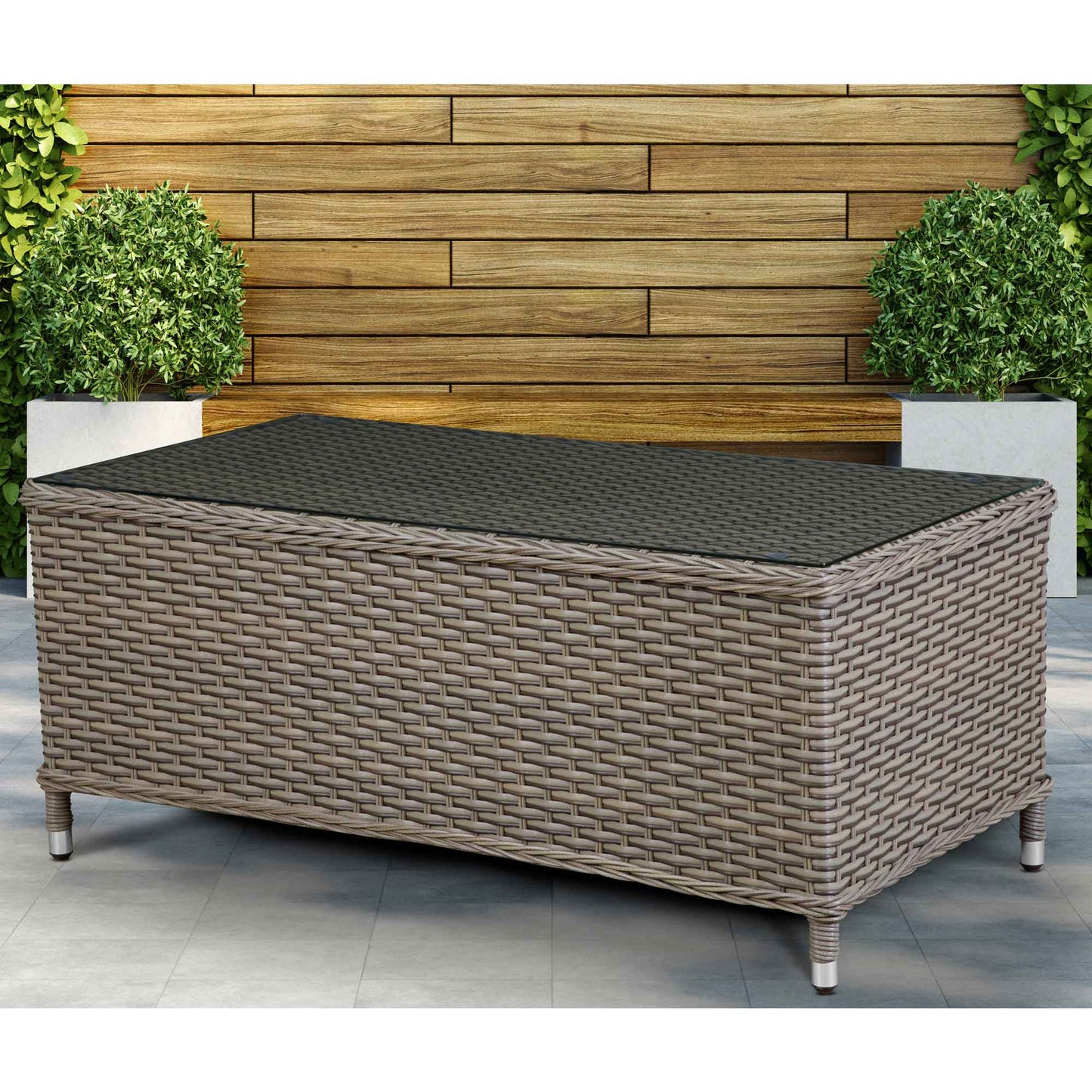 Chester Rattan Wicker Outdoor Coffee Table with Tempered Glass Top, Brown - DG71