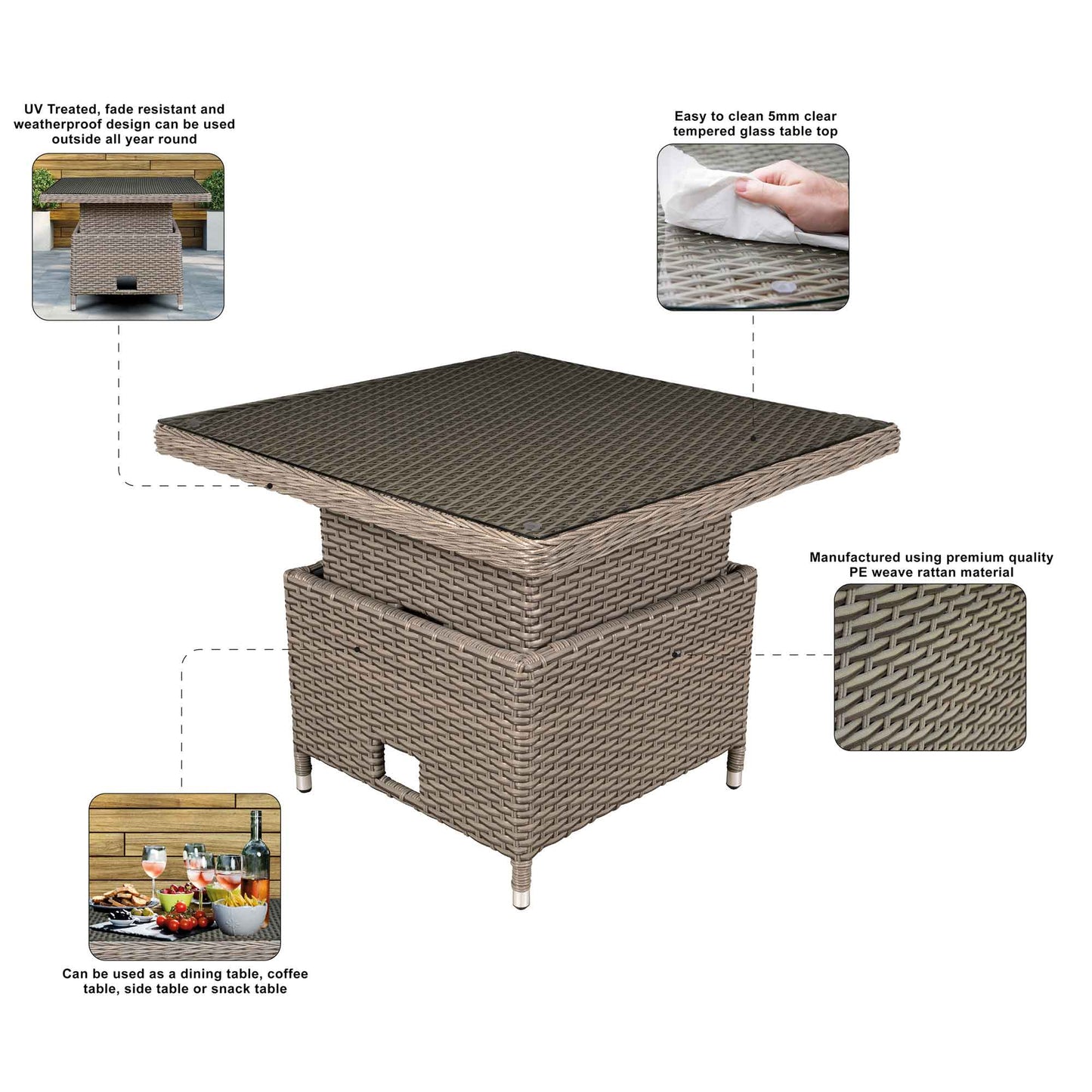 Chester Rattan Wicker Height-Adjustable Outdoor Dining Table - Brown - DG73