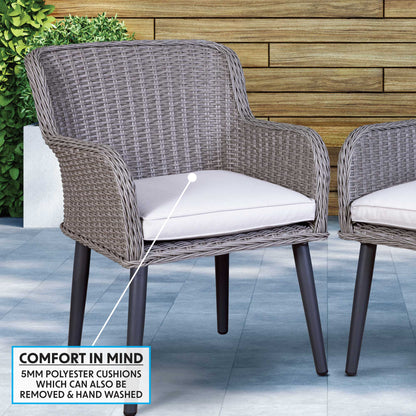 Buxton Rattan Wicker Outdoor Dining Armchair with Cushions, Set of 2, Grey - DG76