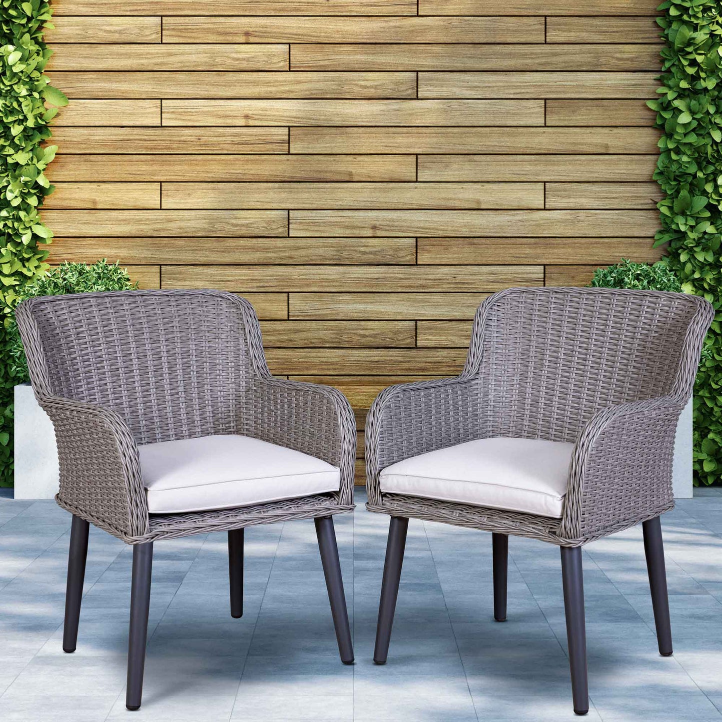 Buxton Rattan Wicker Outdoor Dining Armchair with Cushions, Set of 2, Grey - DG76
