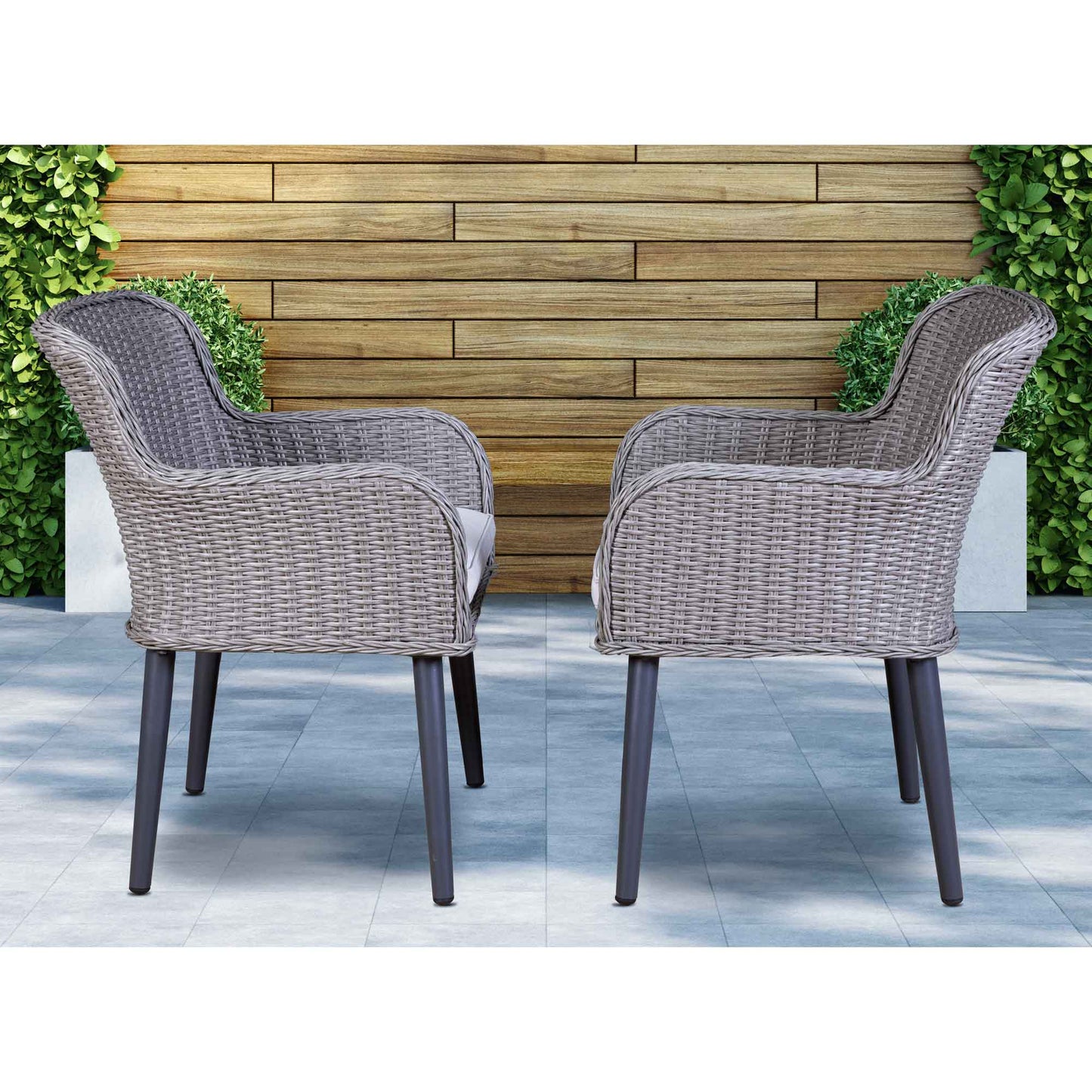 Buxton Rattan Wicker Outdoor Dining Armchair with Cushions, Set of 2, Grey - DG76