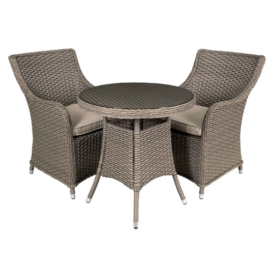Chester 3 Piece Rattan Wicker Outdoor Dining Set with Tempered Glass Table Top, Brown - DG86