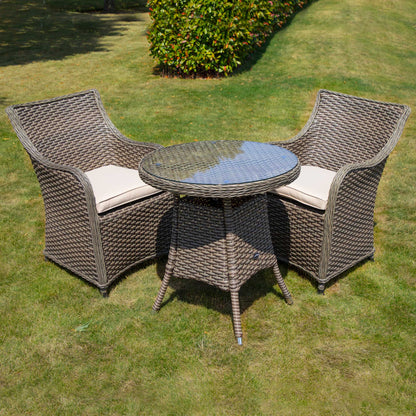 Chester 3 Piece Rattan Wicker Outdoor Dining Set with Tempered Glass Table Top, Brown - DG86