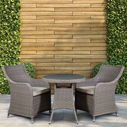 Chester 3 Piece Rattan Wicker Outdoor Dining Set with Tempered Glass Table Top, Brown - DG86