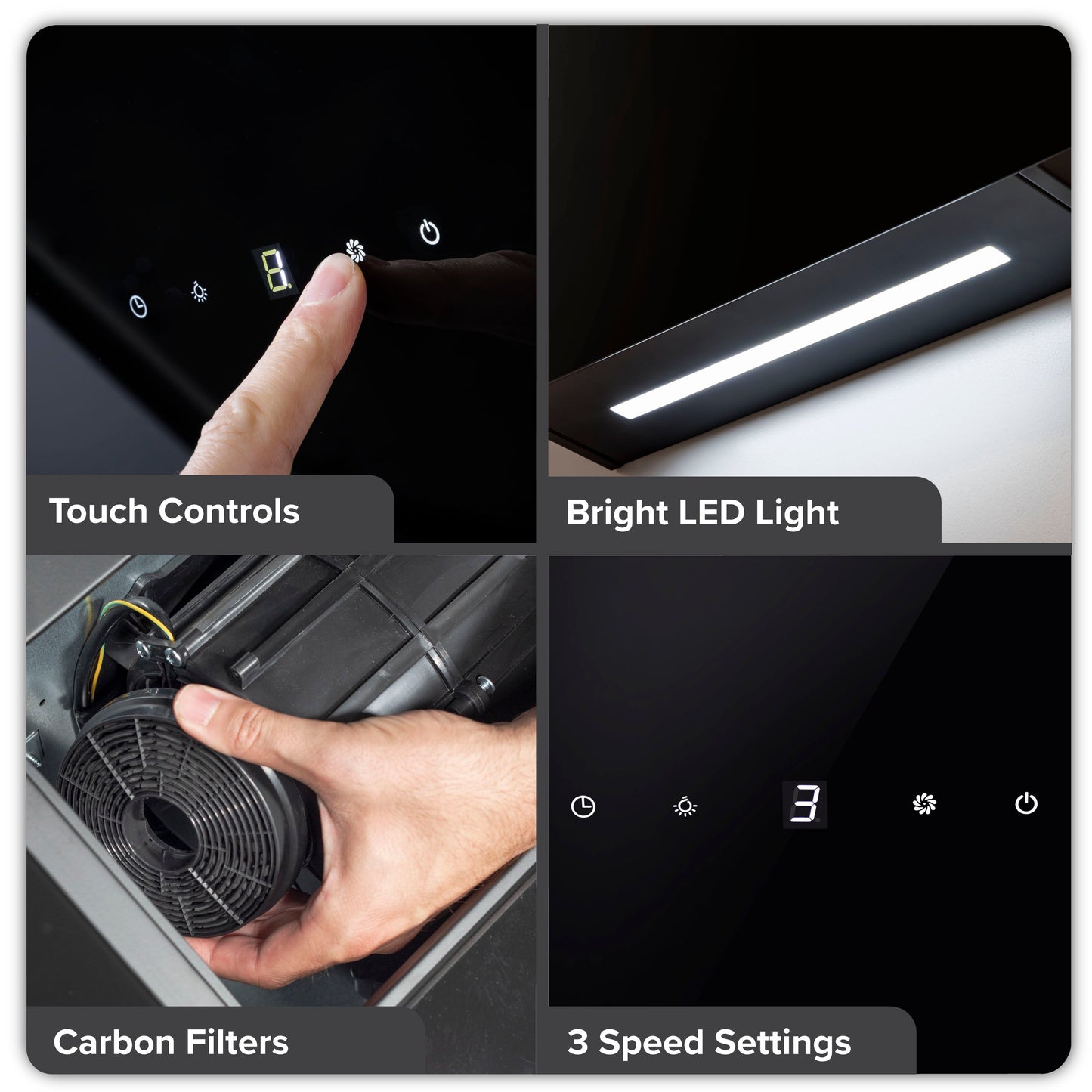 Baridi 60cm Angled Chimney Cooker Hood with Carbon Filters, Touch Controls & LED Lamp, Black Glass - DH105