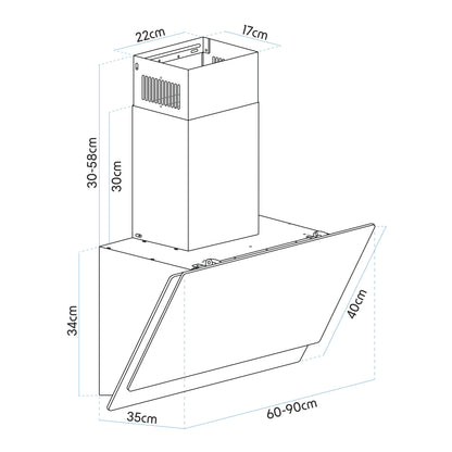 Baridi 90cm Angled Chimney Cooker Hood with Carbon Filters, LED Lamp, Black Glass - DH106