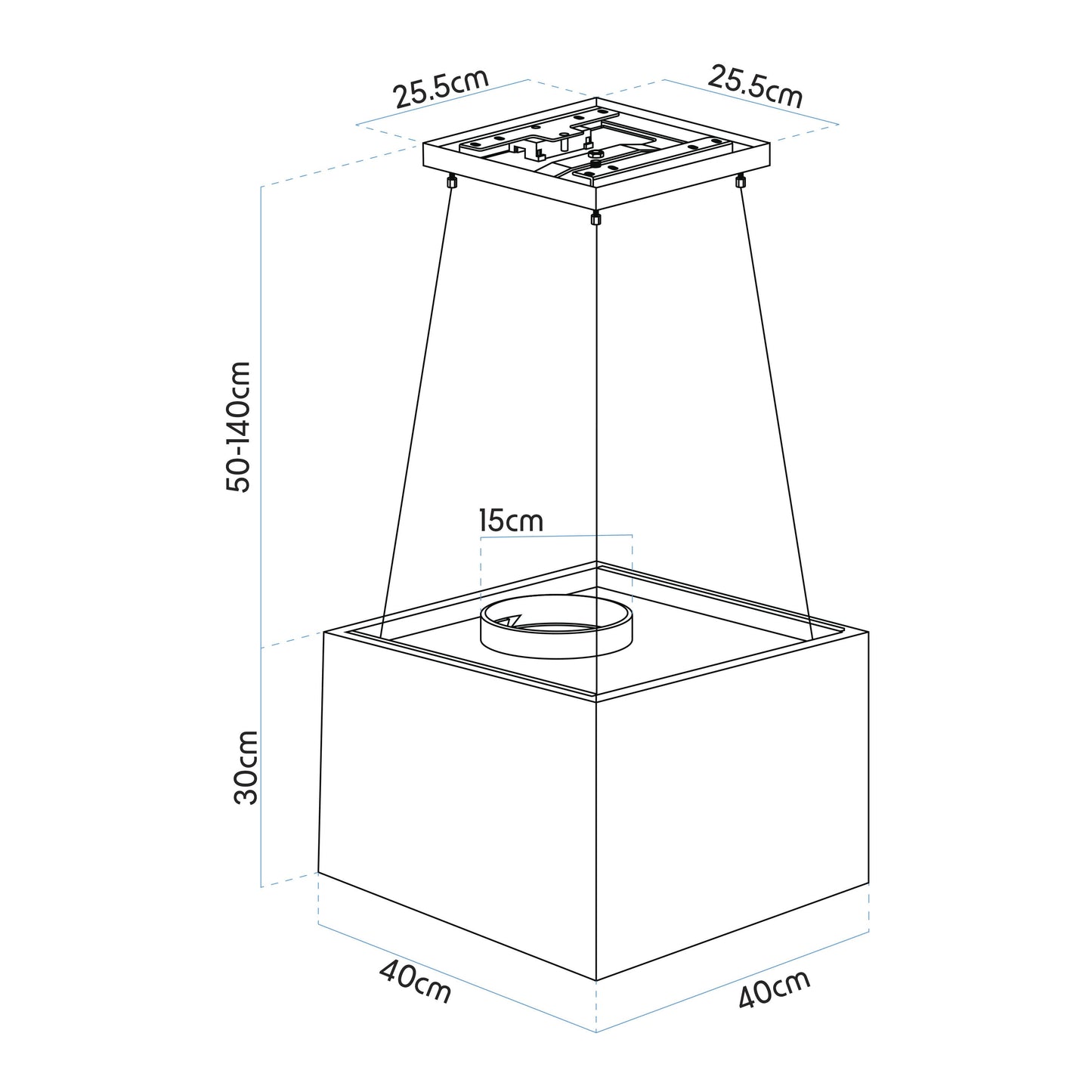 Baridi Island Cooker Hood, Square, 40cm, 3-Speed, Black - DH109