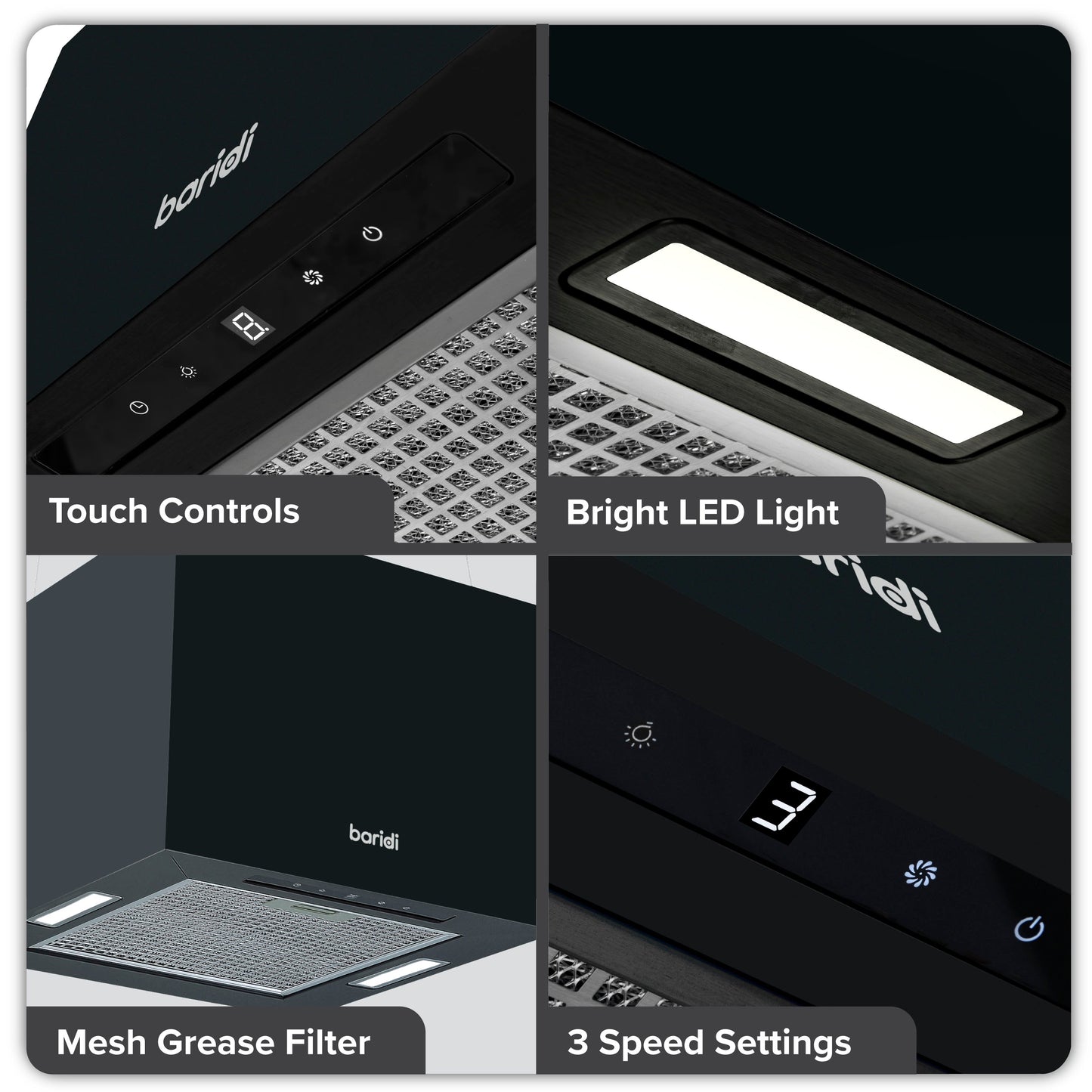 Baridi Island Cooker Hood, Square, 40cm, 3-Speed, Black - DH109