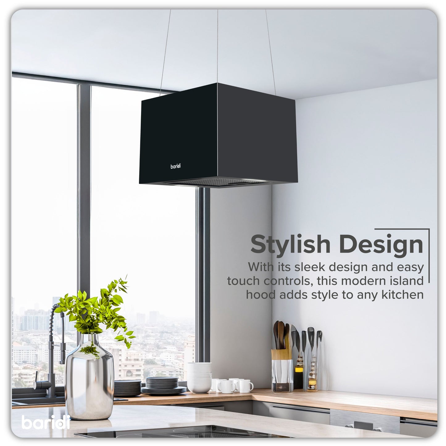 Baridi Island Cooker Hood, Square, 40cm, 3-Speed, Black - DH109