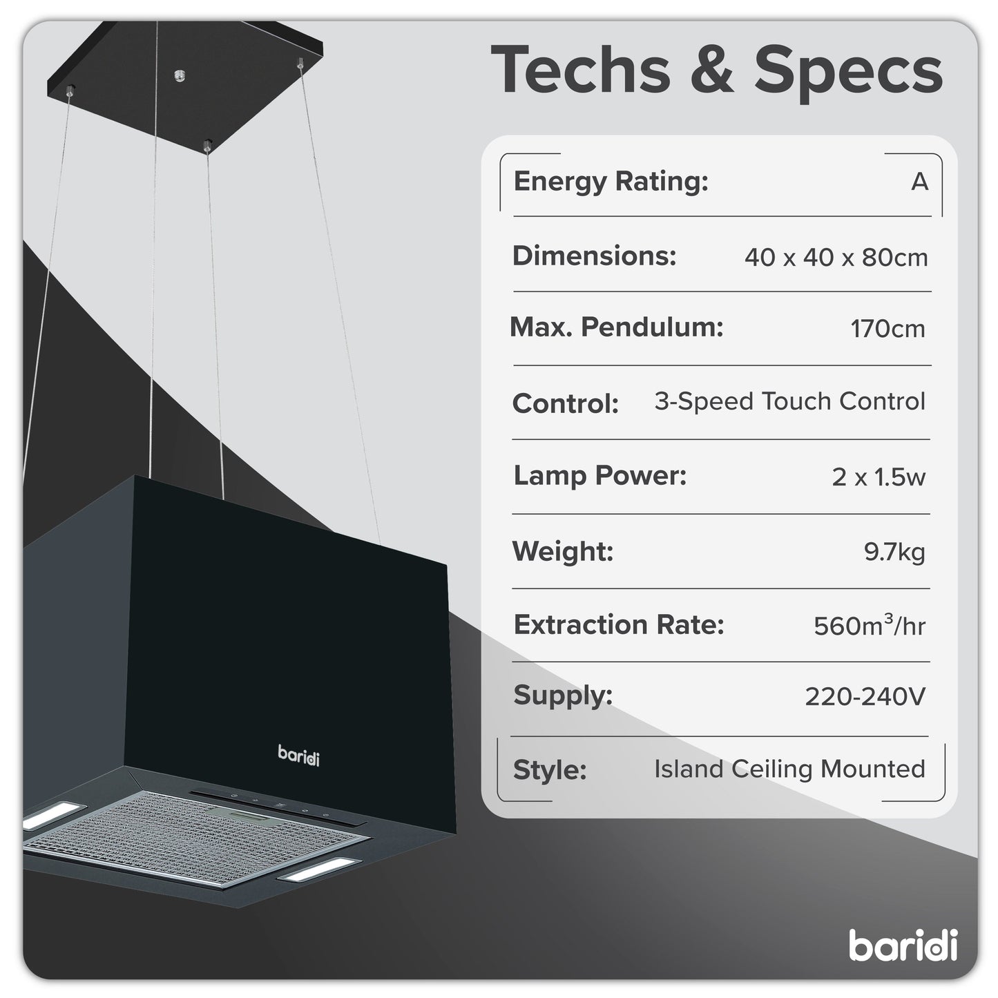 Baridi Island Cooker Hood, Square, 40cm, 3-Speed, Black - DH109