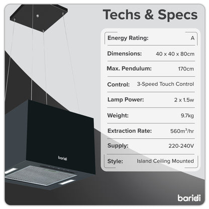 Baridi Island Cooker Hood, Square, 40cm, 3-Speed, Black - DH109