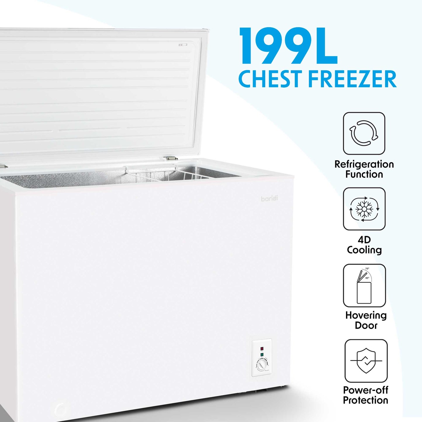 Baridi Freestanding Chest Freezer, 199L, Garage and Outbuilding Safe, Thermostat, White - DH111