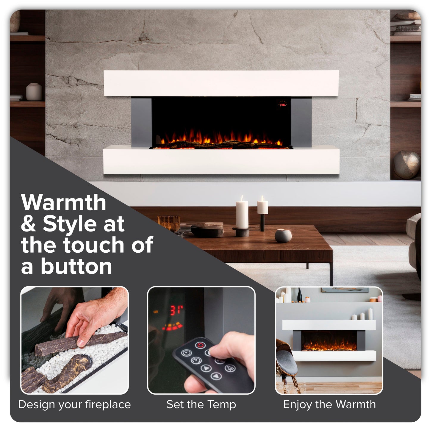 Baridi 52" Electric Fireplace, Wall Mounting with LED Flame Effects, Grey - DH112