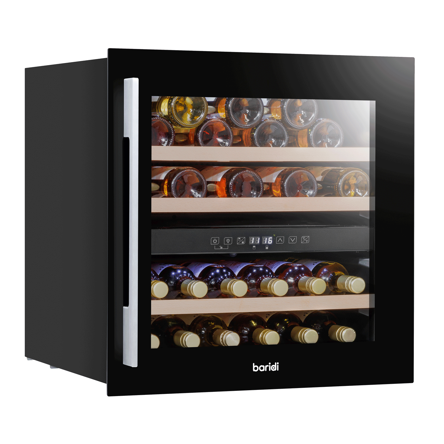 Baridi 60cm Built-In 36 Bottle Dual Zone Wine Cooler with Beech Wood Shelves - Black - DH117