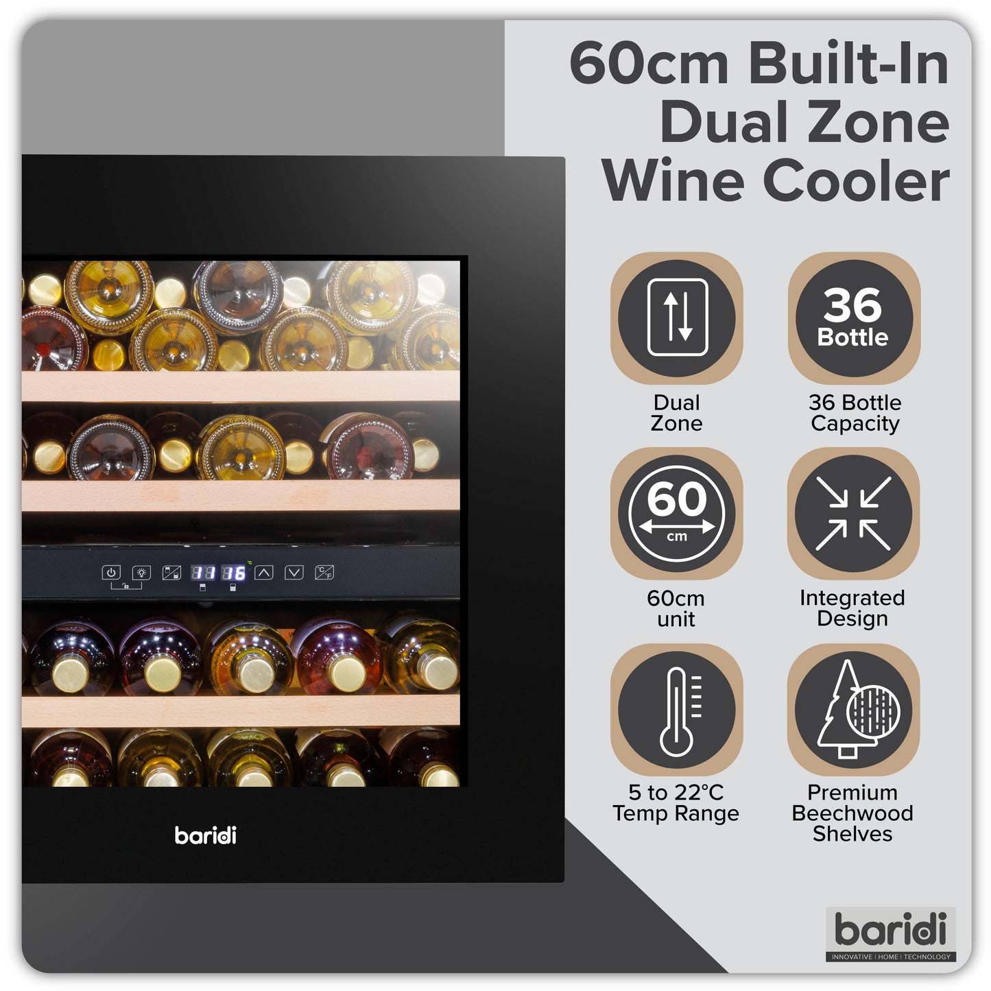 Baridi 60cm Built-In 36 Bottle Dual Zone Wine Cooler with Beech Wood Shelves - Black - DH117