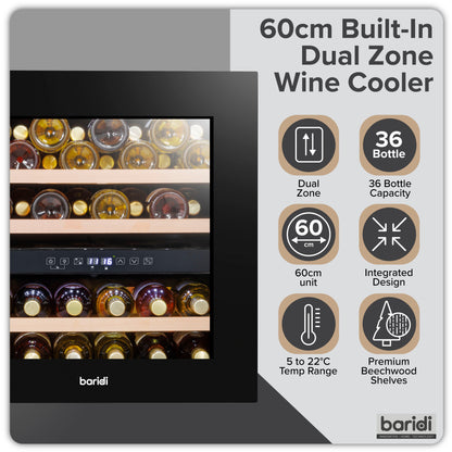 Baridi 60cm Built-In 36 Bottle Dual Zone Wine Cooler with Beech Wood Shelves - Black - DH117