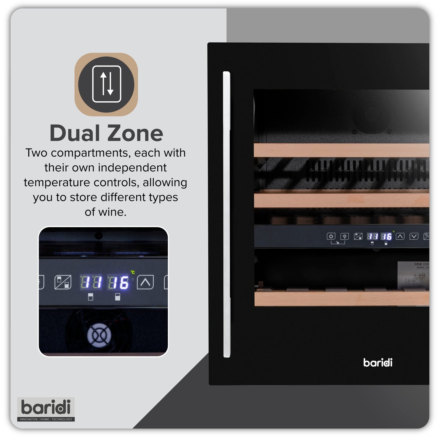 Baridi 60cm Built-In 36 Bottle Dual Zone Wine Cooler with Beech Wood Shelves - Black - DH117