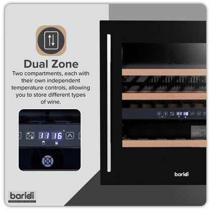Baridi 60cm Built-In 36 Bottle Dual Zone Wine Cooler with Beech Wood Shelves - Black - DH117