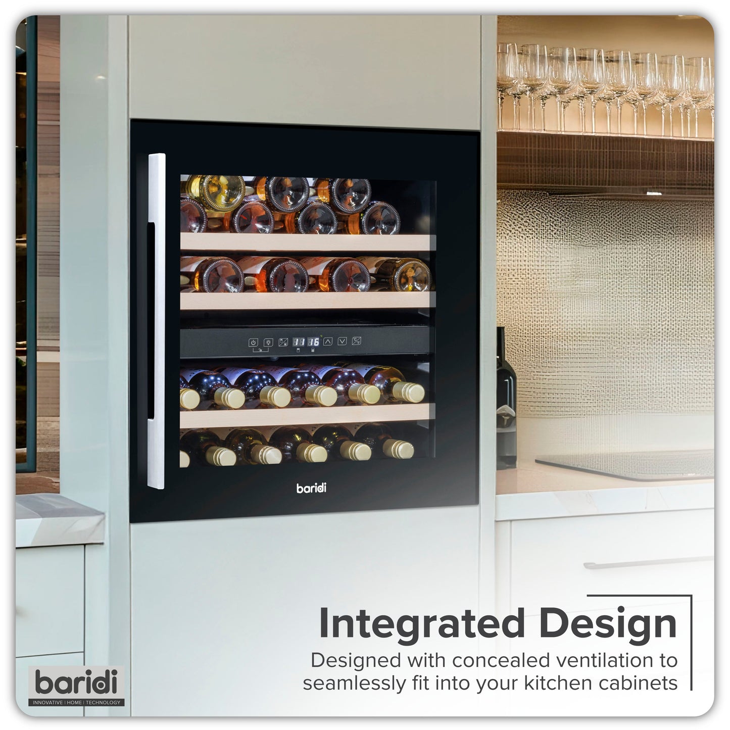 Baridi 60cm Built-In 36 Bottle Dual Zone Wine Cooler with Beech Wood Shelves - Black - DH117