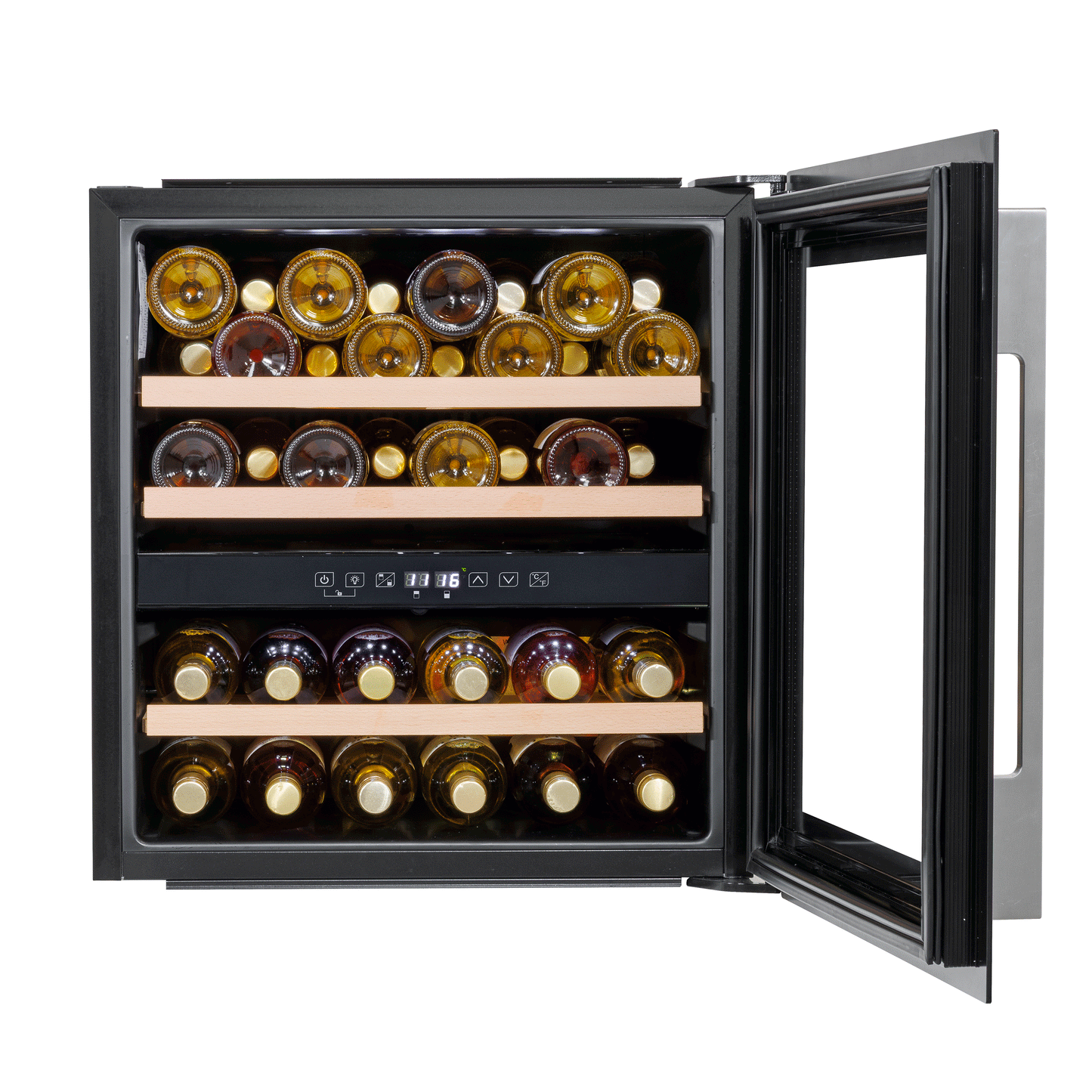 Baridi 60cm Built-In 36 Bottle Dual Zone Wine Cooler with Beech Wood Shelves - Black - DH117