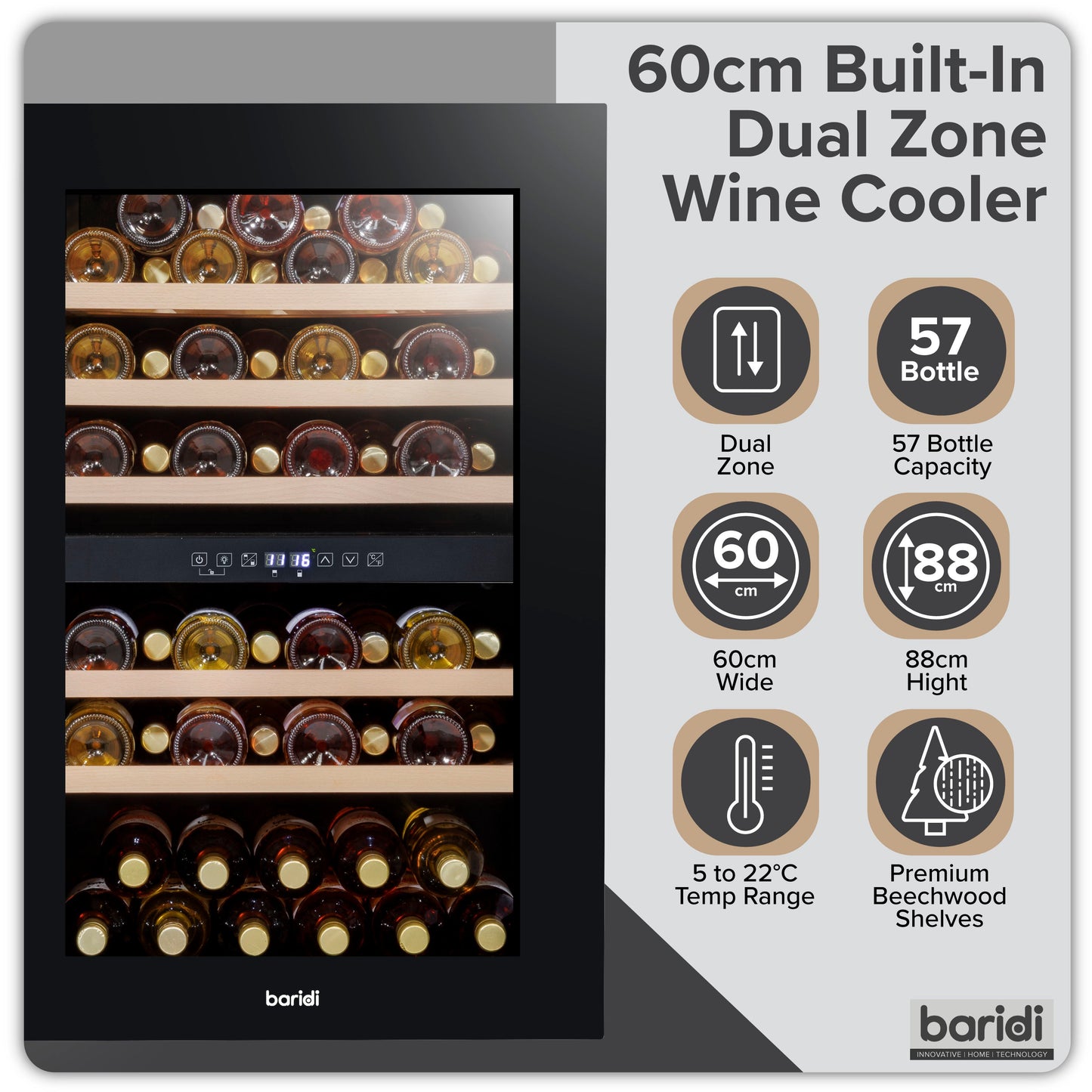 Baridi 60cm Built-In 57 Bottle Dual Zone Wine Cooler with Beech Wood Shelves - Black - DH118