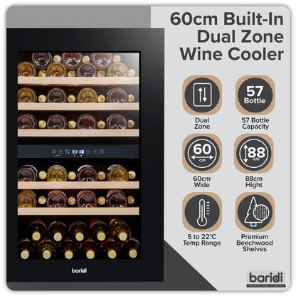 Baridi 60cm Built-In 57 Bottle Dual Zone Wine Cooler with Beech Wood Shelves - Black - DH118