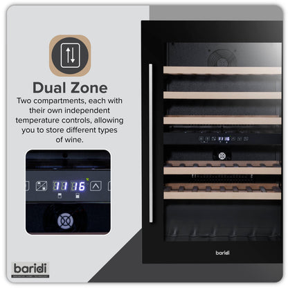 Baridi 60cm Built-In 57 Bottle Dual Zone Wine Cooler with Beech Wood Shelves - Black - DH118