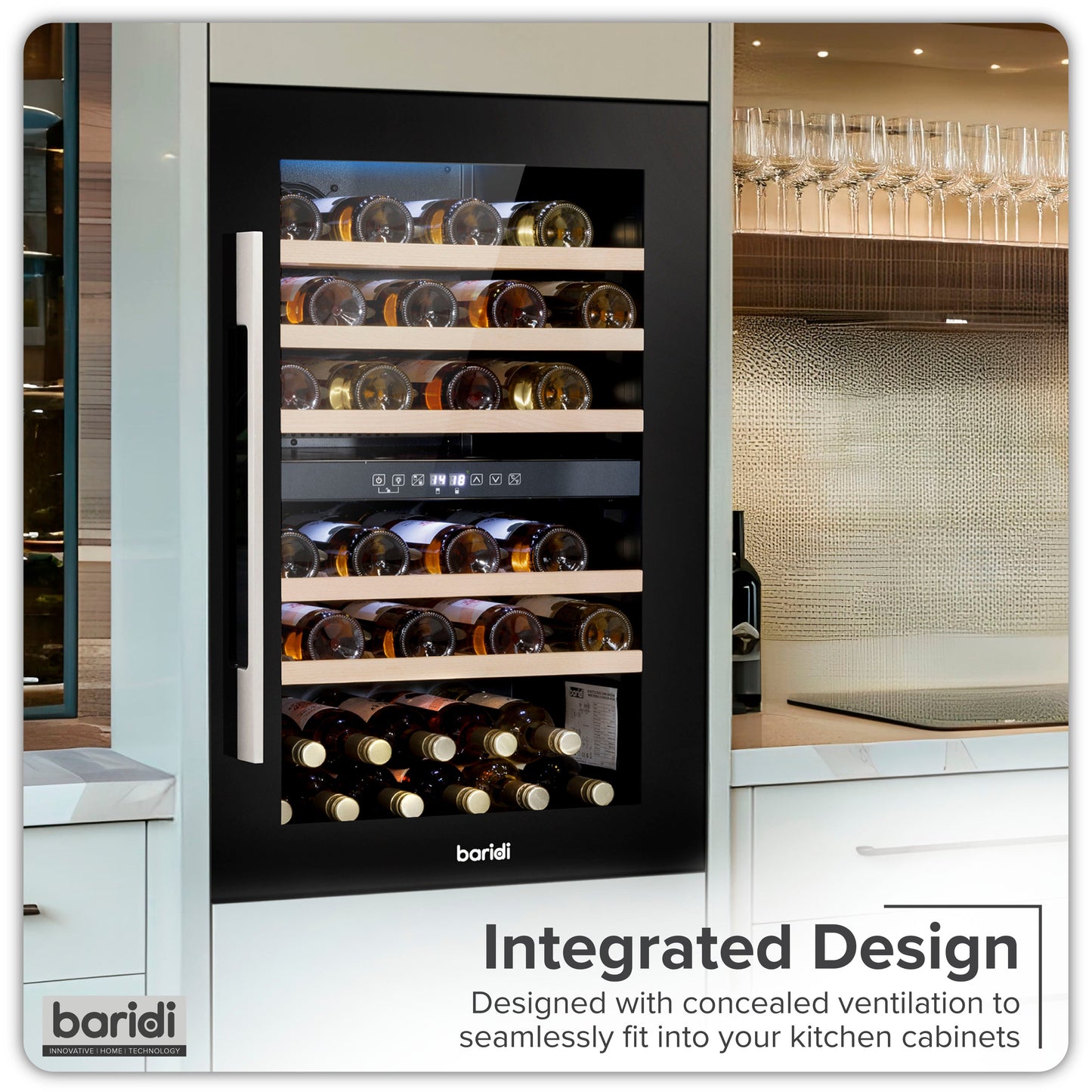 Baridi 60cm Built-In 57 Bottle Dual Zone Wine Cooler with Beech Wood Shelves - Black - DH118