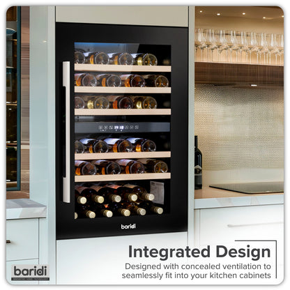 Baridi 60cm Built-In 57 Bottle Dual Zone Wine Cooler with Beech Wood Shelves - Black - DH118