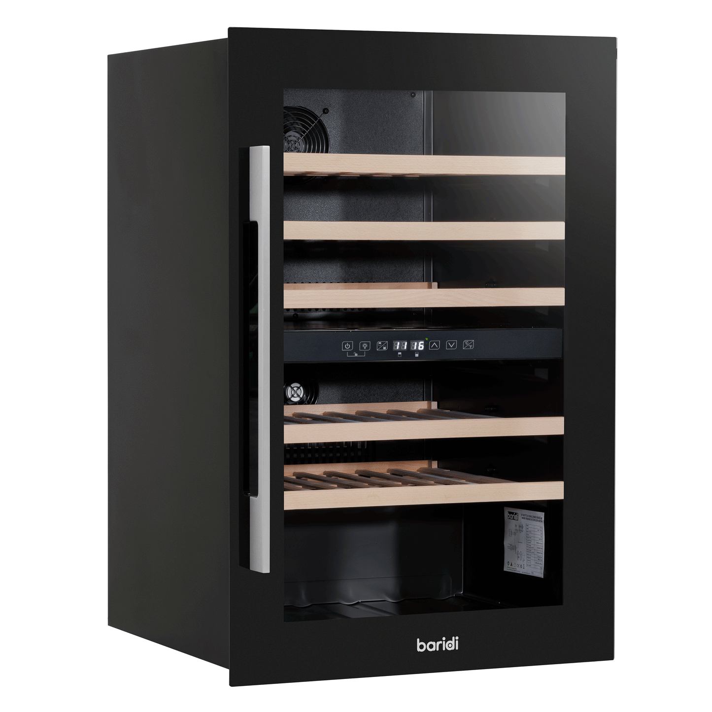 Baridi 60cm Built-In 57 Bottle Dual Zone Wine Cooler with Beech Wood Shelves - Black - DH118